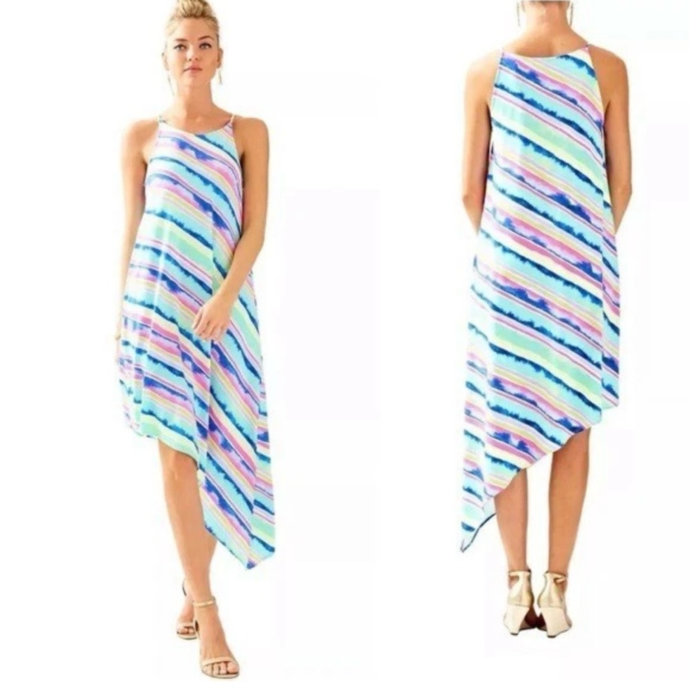 Lilly Pulitzer Asymmetrical Multi Stripe Diagonal Magnolia Midi Dress- New Large